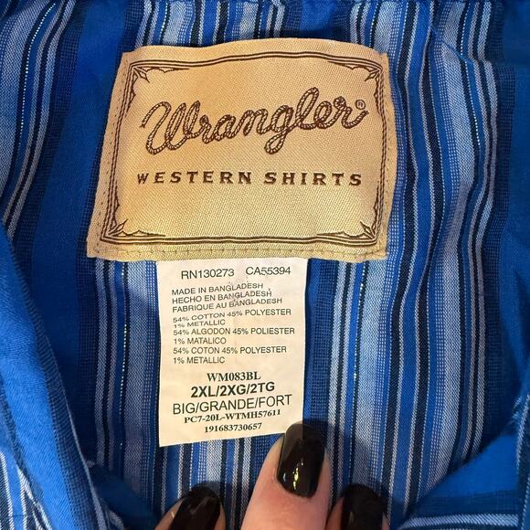 Wrangler Women’s 2XL Western Pearl Snap Shirt Blue Striped Metallic - Picture 2 of 8